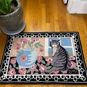 Vintage Claire Murray Victorian Rose Cat Hooked Wool Rug 24x35 Cottagecore Gift